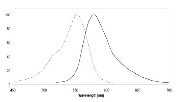 Excitation (dotted line) and emission spectra of SNAP-Cell TMR-Star after coupling to SNAP-tag in buffer at pH 7.5